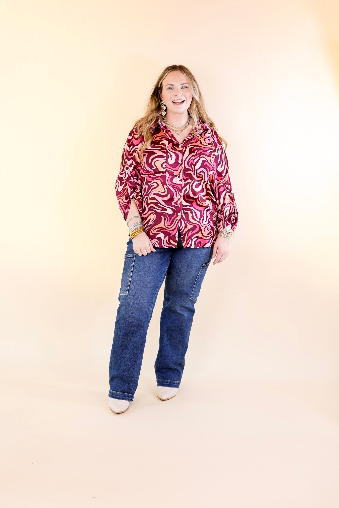 A Perfect Day Swirl Print Button Up Top in Magenta Purple