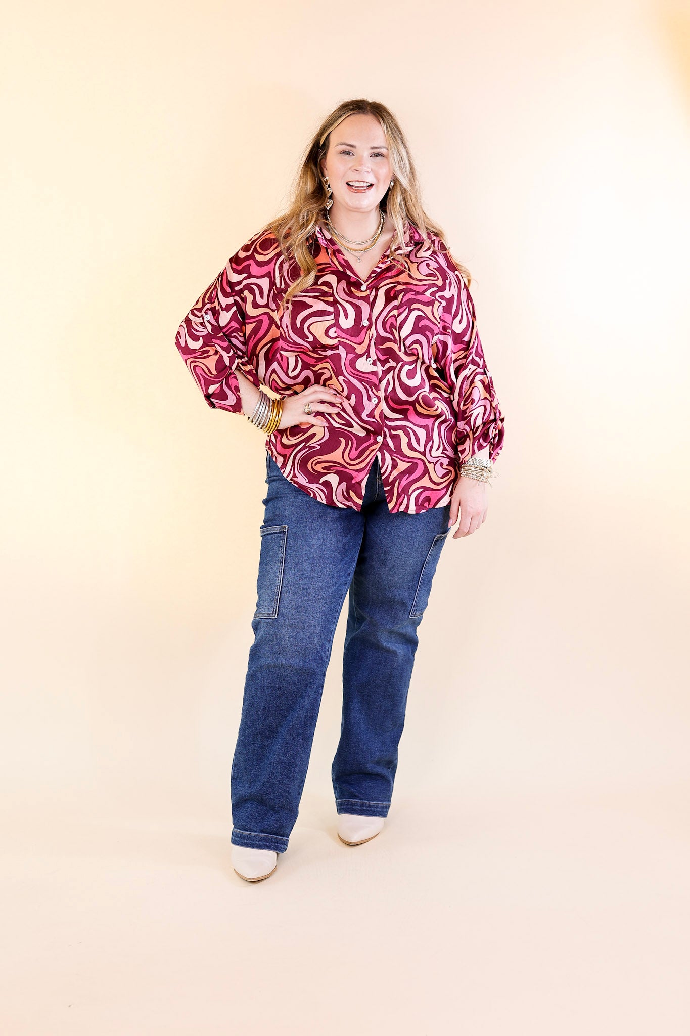 A Perfect Day Swirl Print Button Up Top in Magenta Purple