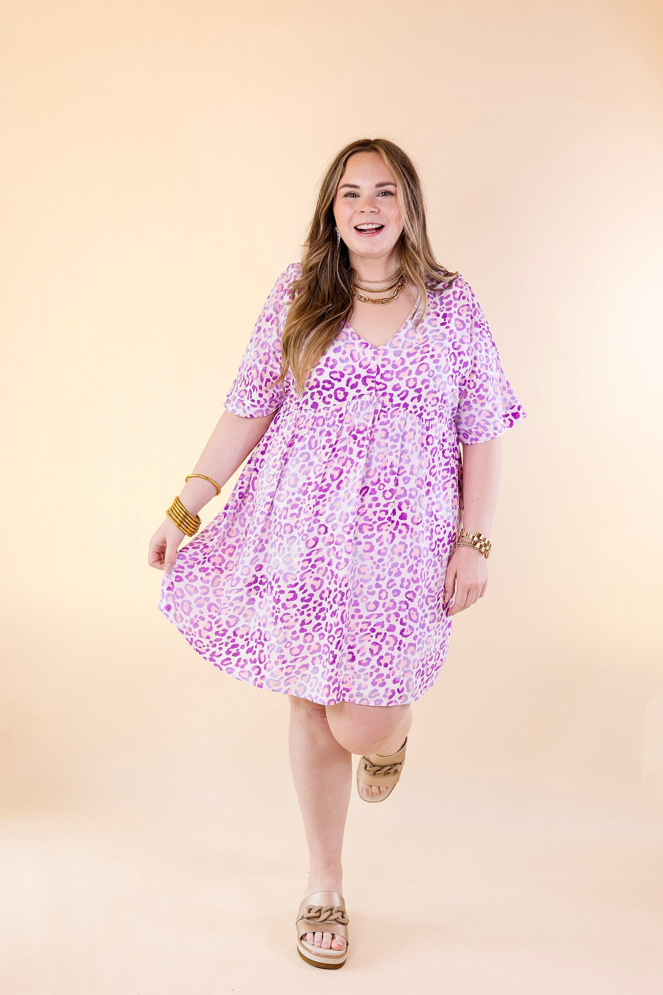 Fresh Blossoms Leopard Print Babydoll Dress with V Neck in Purple - Giddy Up Glamour Boutique