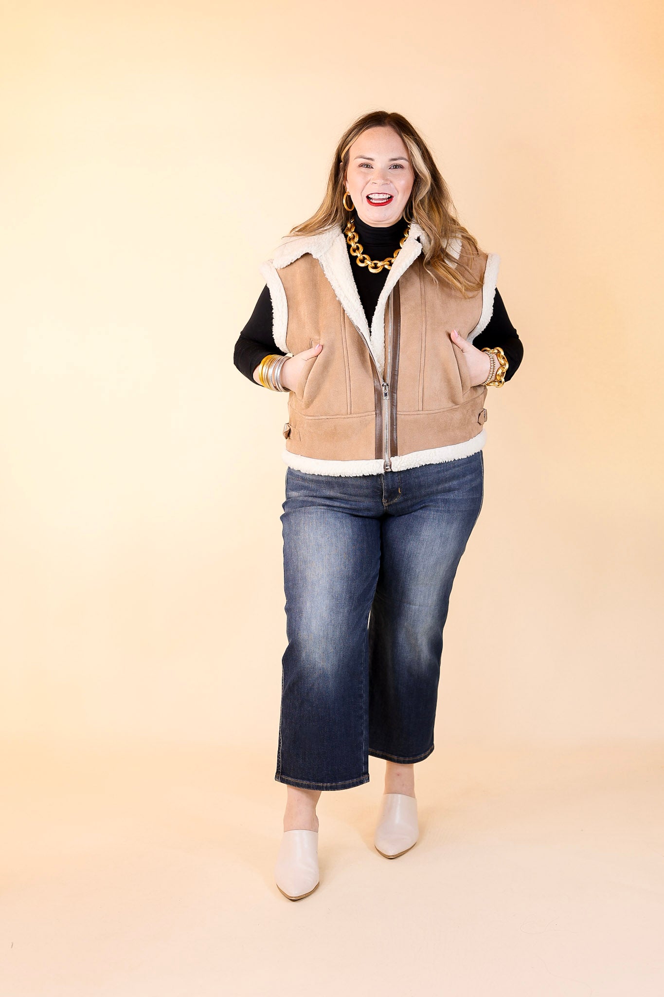 Cozy Outing Sherpa Lined Suede Vest in Light Tan