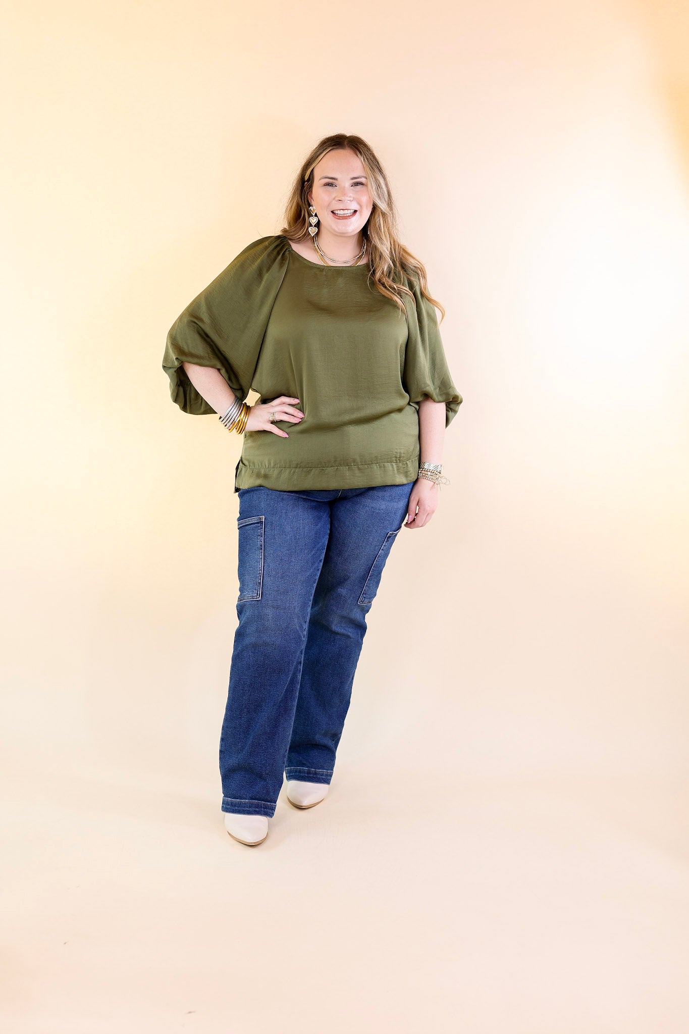 Flash A Smile Half Balloon Sleeve Satin Blouse in Olive Green