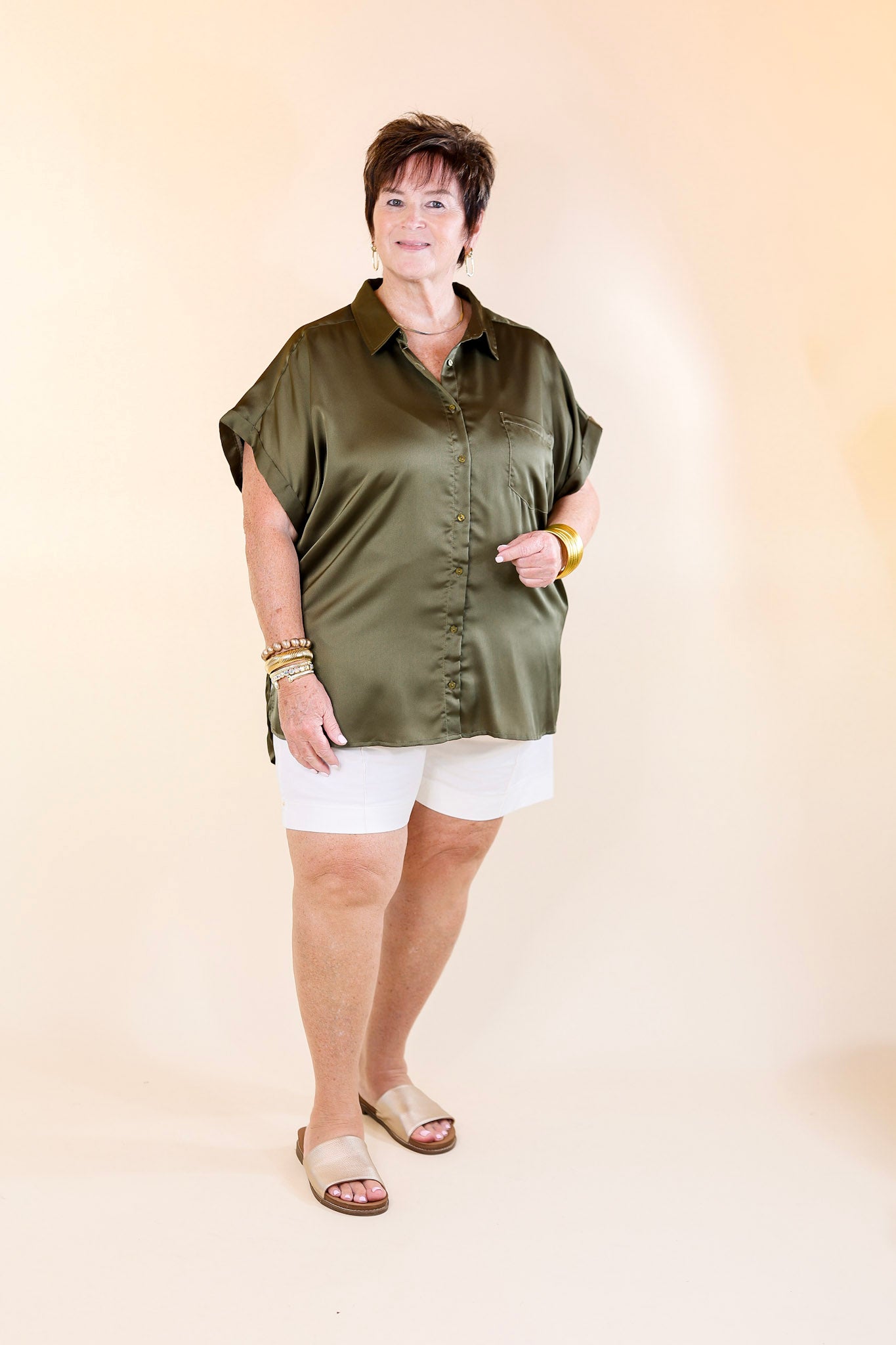 Free To Be Fab Button Up Short Sleeve Top in Olive Green