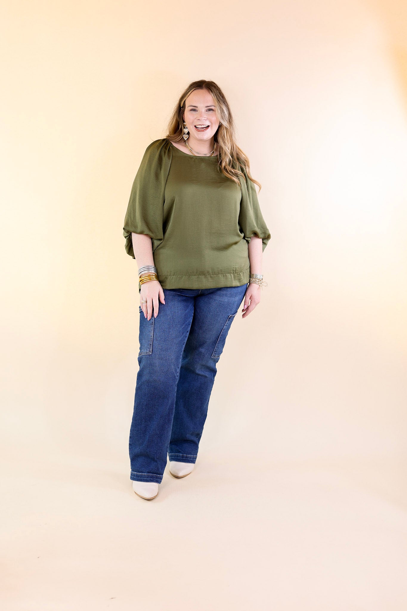 Flash A Smile Half Balloon Sleeve Satin Blouse in Olive Green