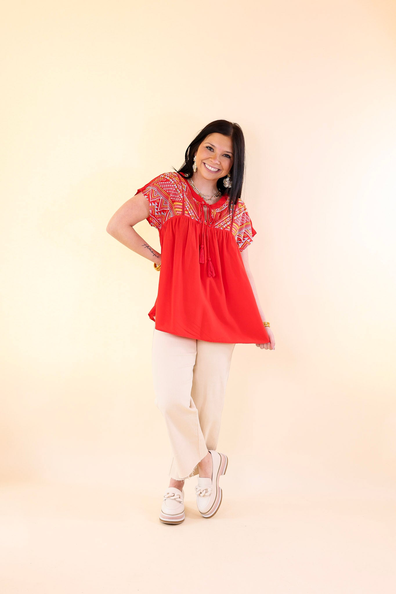 Forgotten Paradise Embroidered Top with Front Tie in Red - Giddy Up Glamour Boutique