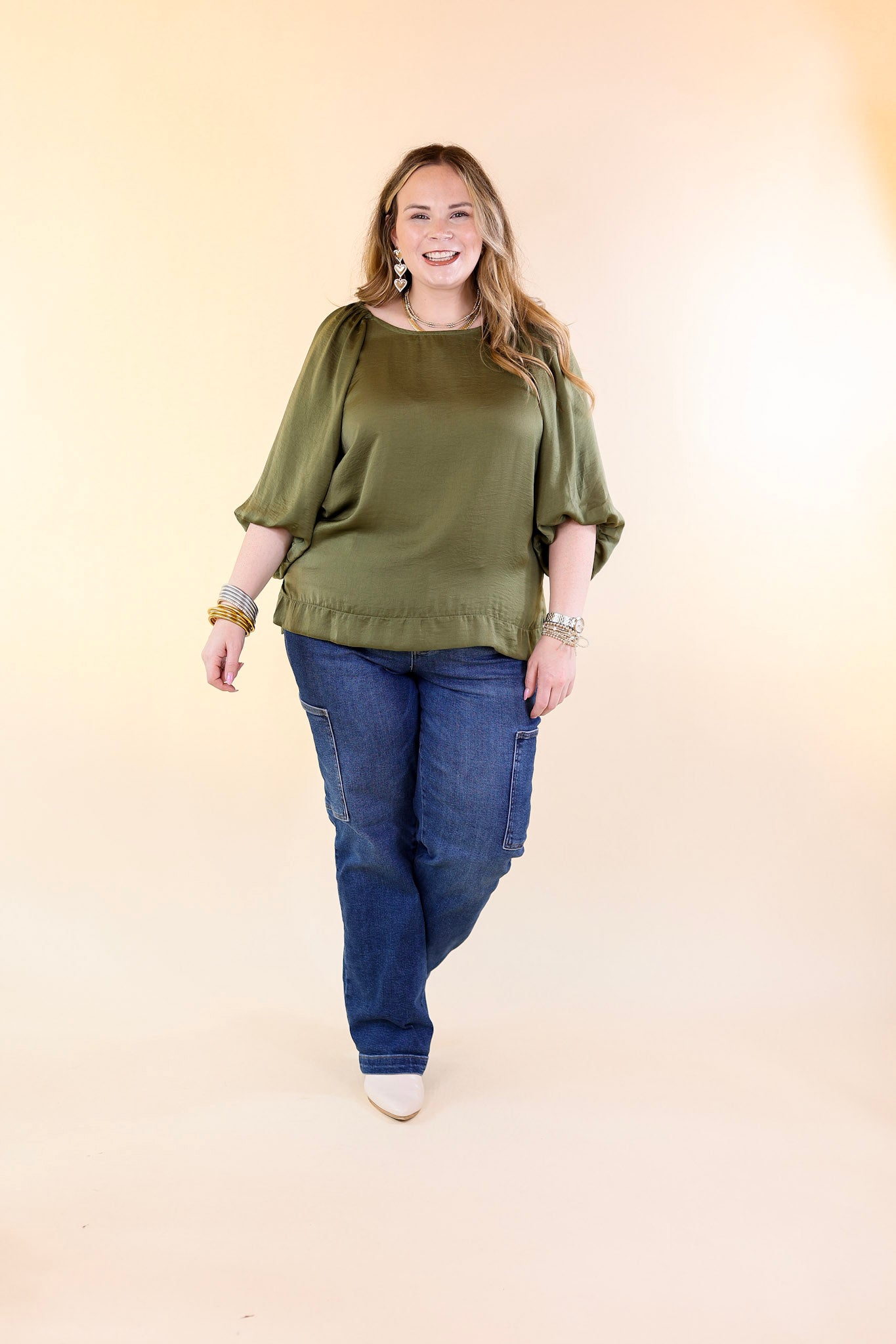 Flash A Smile Half Balloon Sleeve Satin Blouse in Olive Green