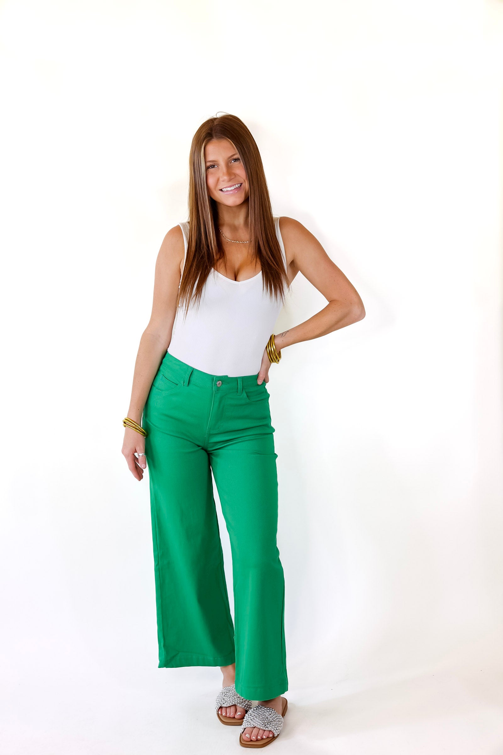 The Best Cropped Wide Leg Jeans in Green - Giddy Up Glamour Boutique