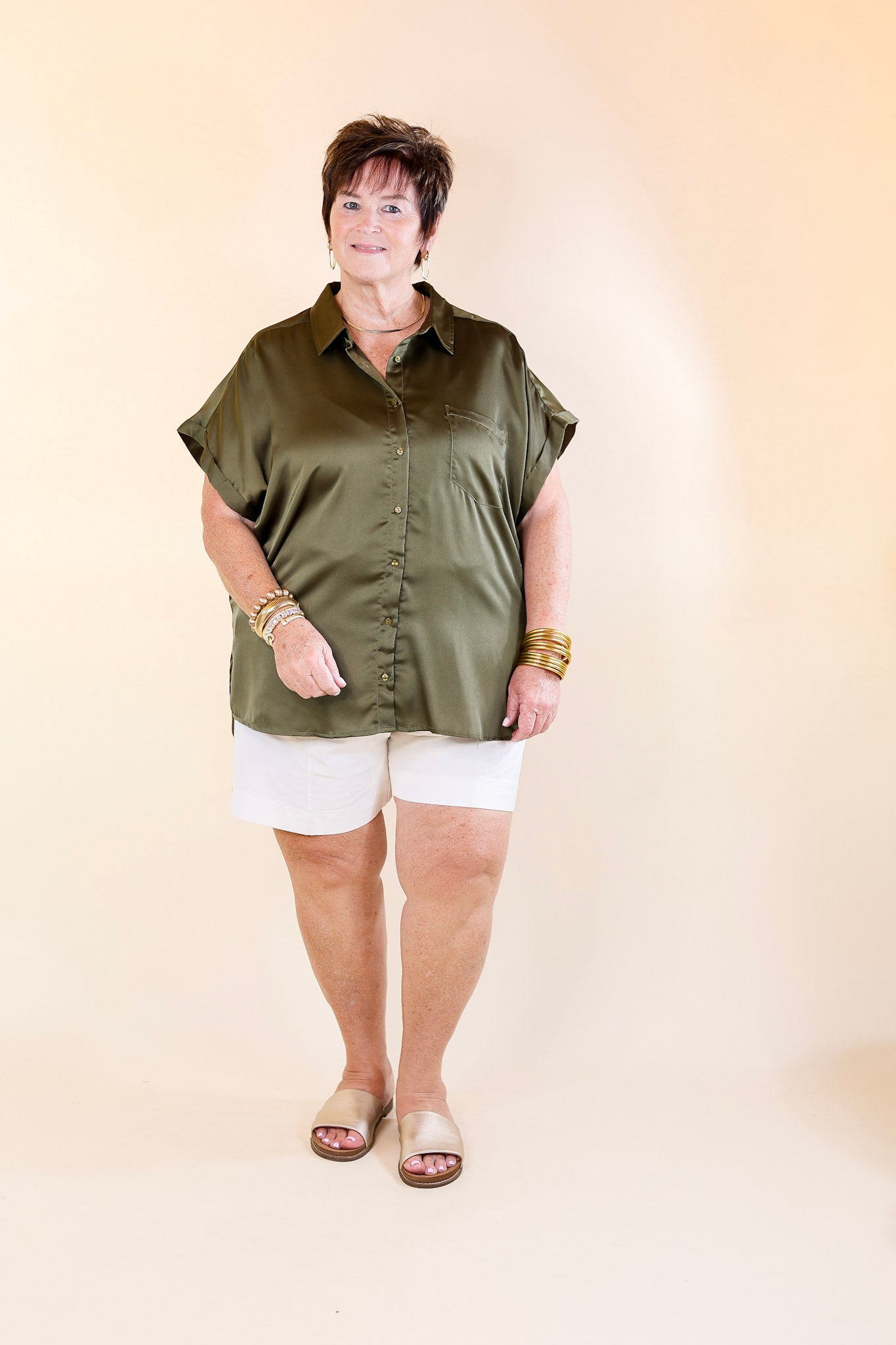 Free To Be Fab Button Up Short Sleeve Top in Olive Green