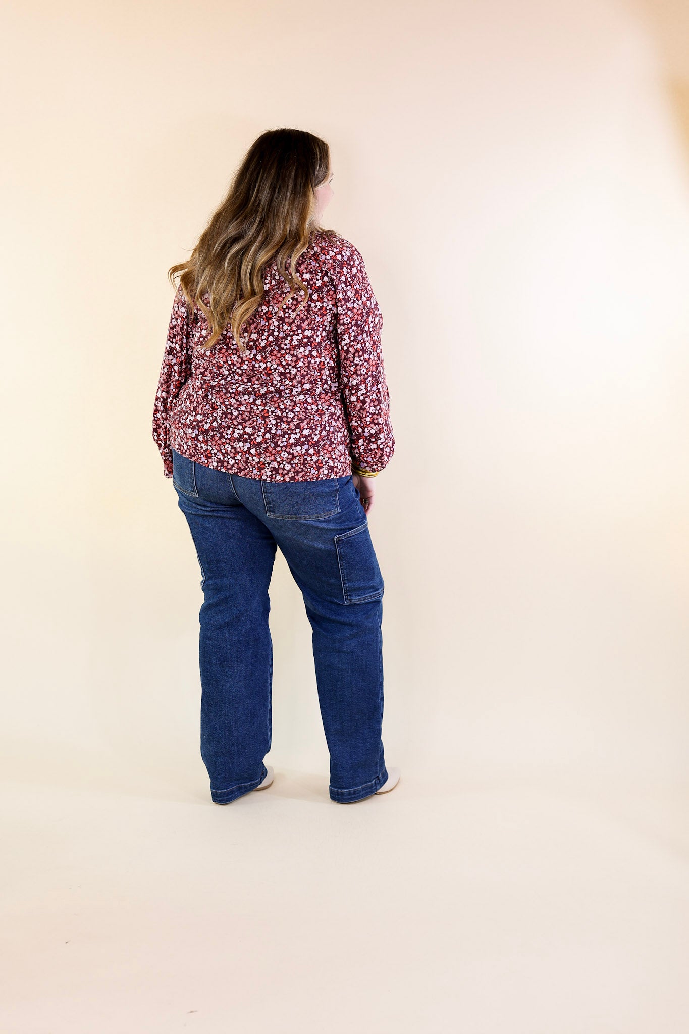 Wide Open Spaces Notched Neck Fall Floral Top with Long Balloon Sleeves in Maroon