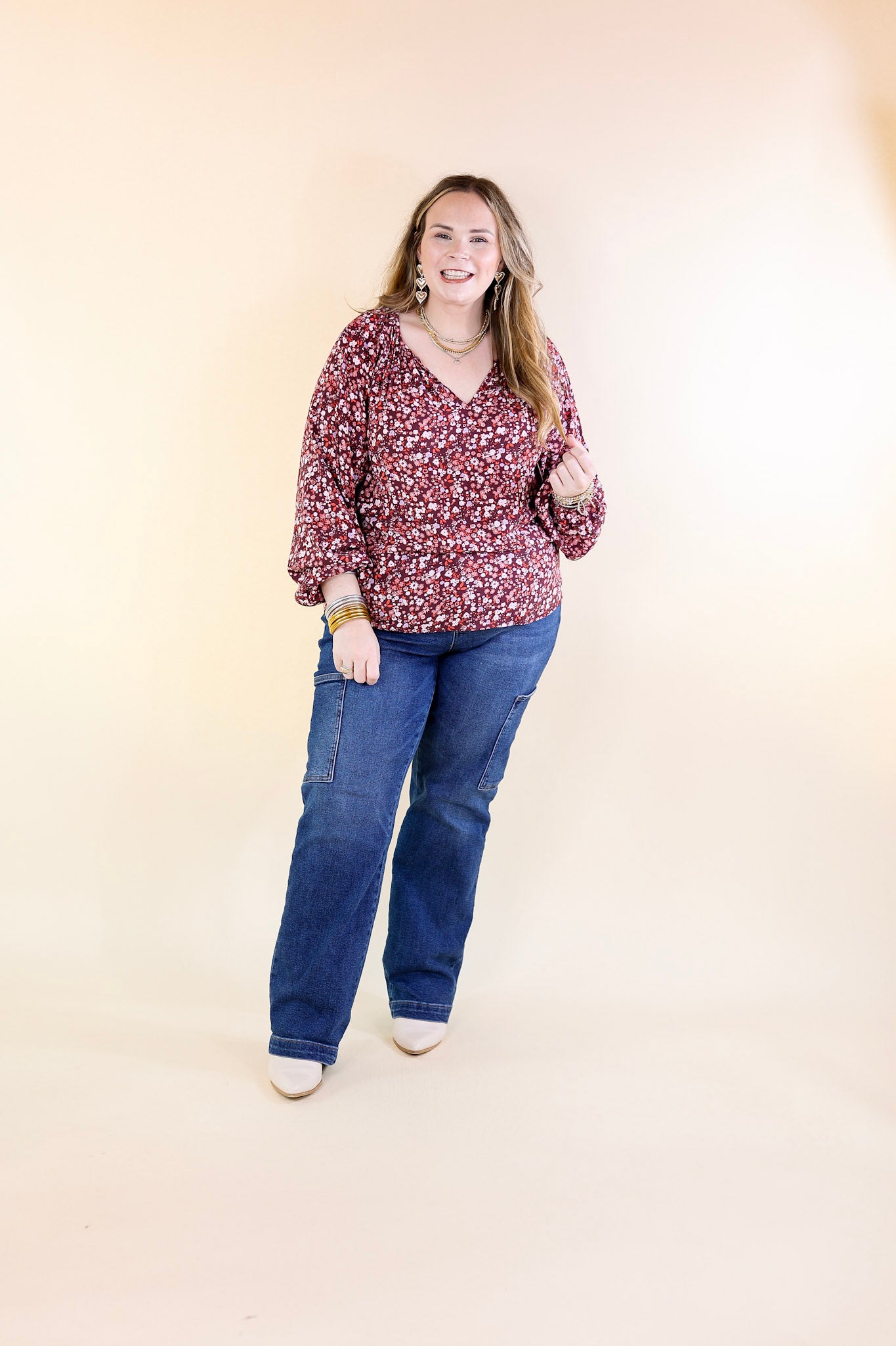 Wide Open Spaces Notched Neck Fall Floral Top with Long Balloon Sleeves in Maroon