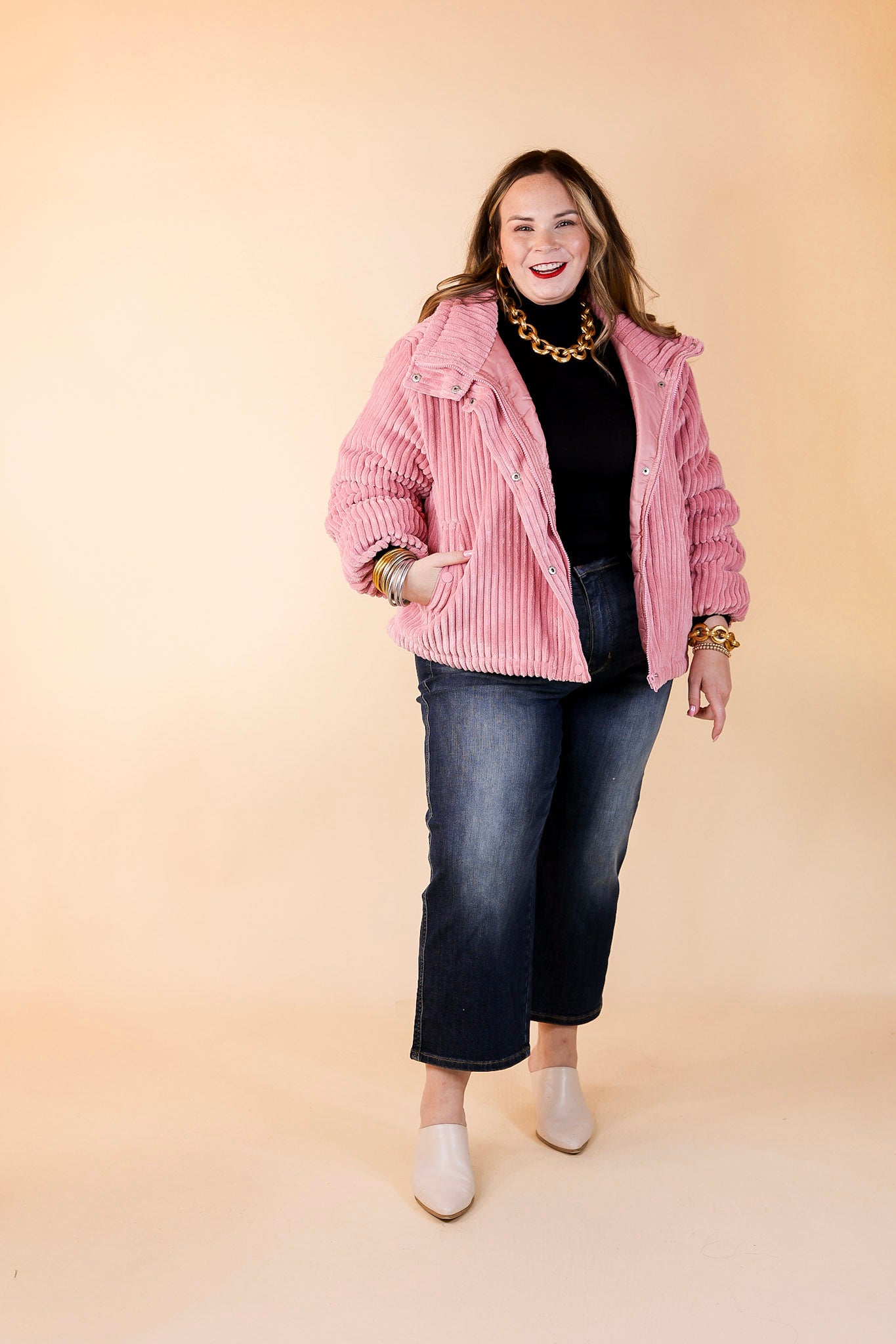 Driving North Button and Zip Up Plush Ribbed Jacket in Pink