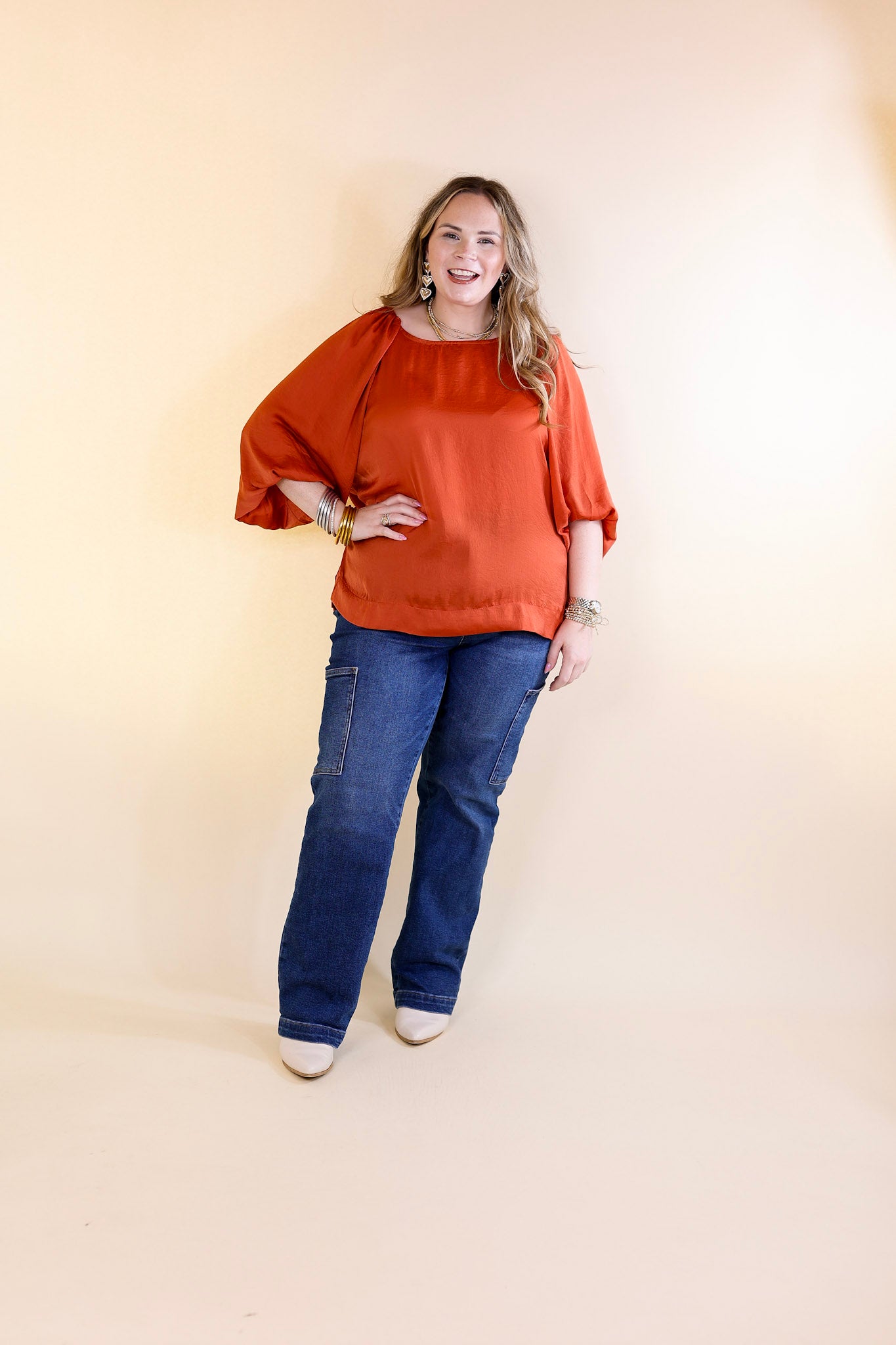 Flash A Smile Half Balloon Sleeve Satin Blouse in Red Orange