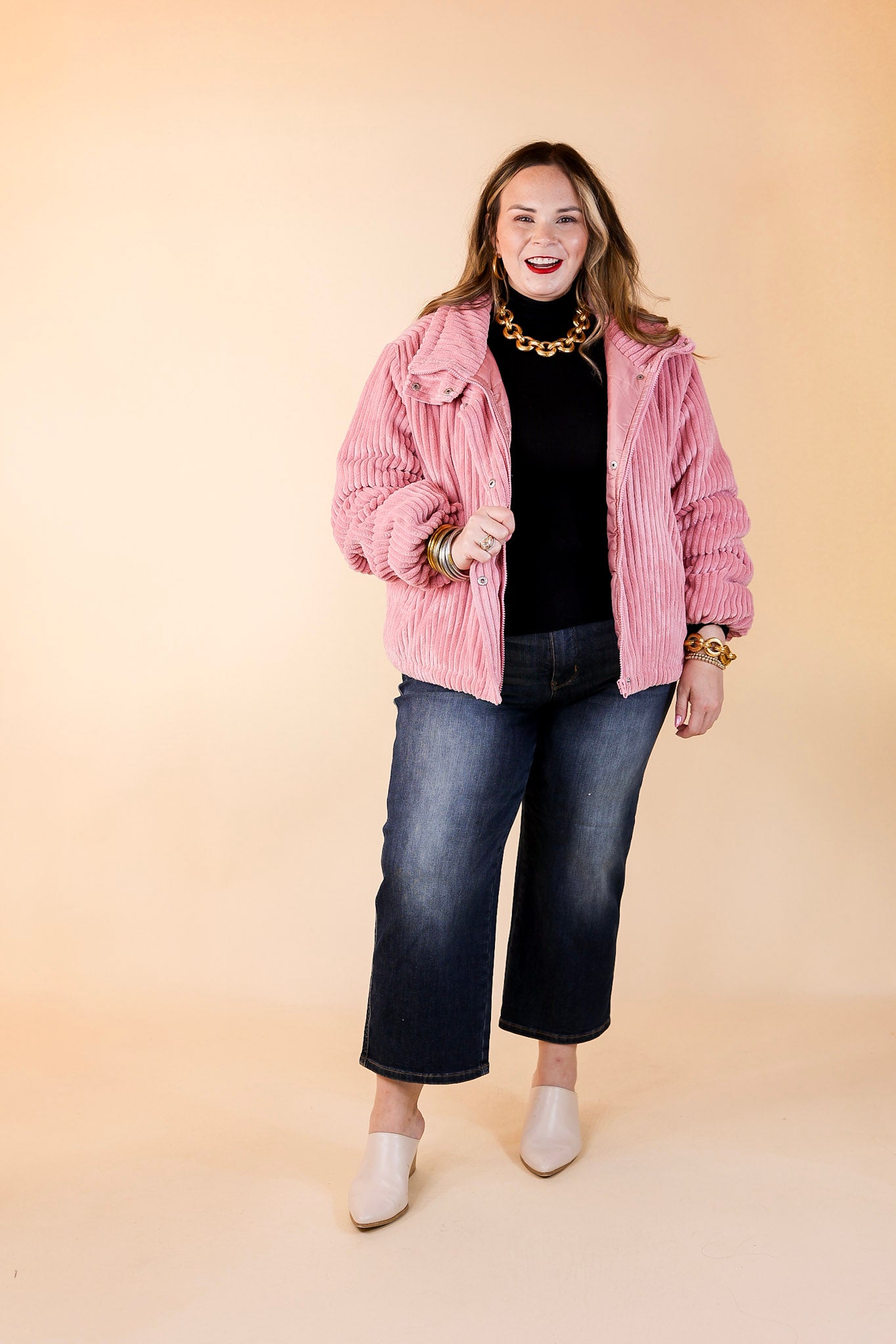 Driving North Button and Zip Up Plush Ribbed Jacket in Pink