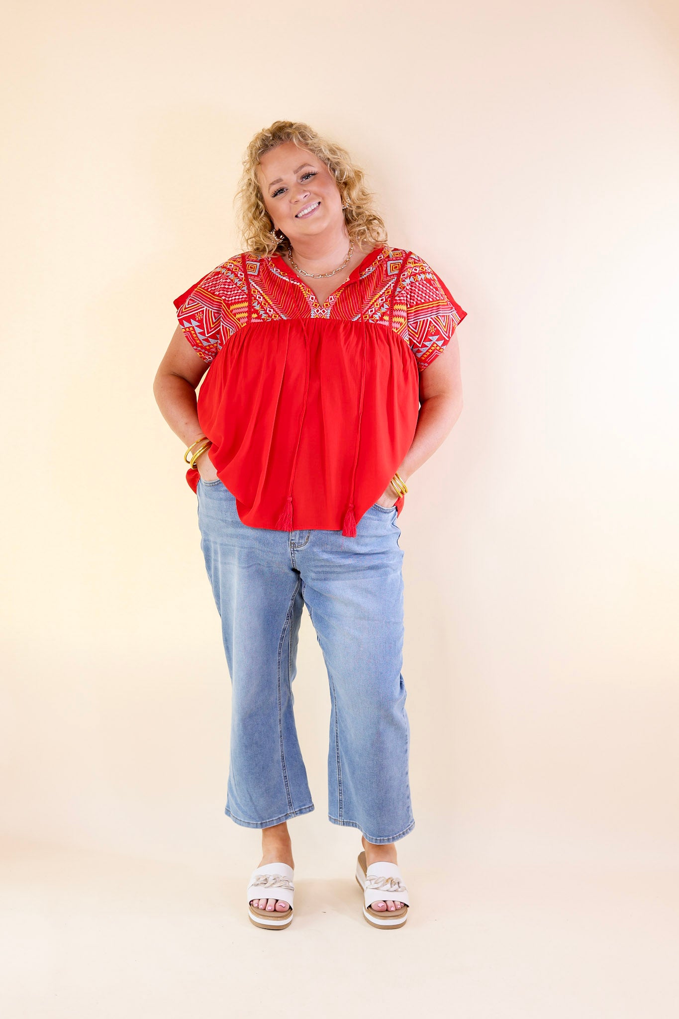 Forgotten Paradise Embroidered Top with Front Tie in Red - Giddy Up Glamour Boutique