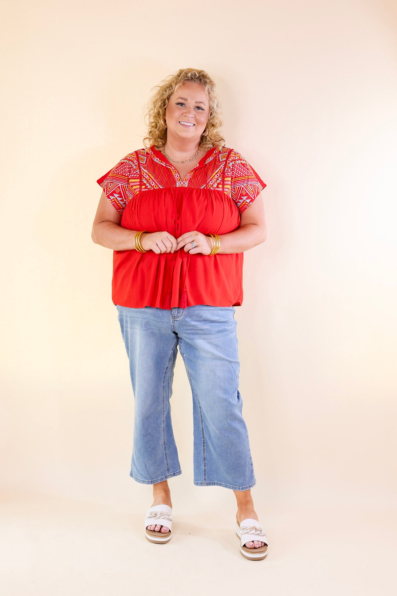 Forgotten Paradise Embroidered Top with Front Tie in Red - Giddy Up Glamour Boutique