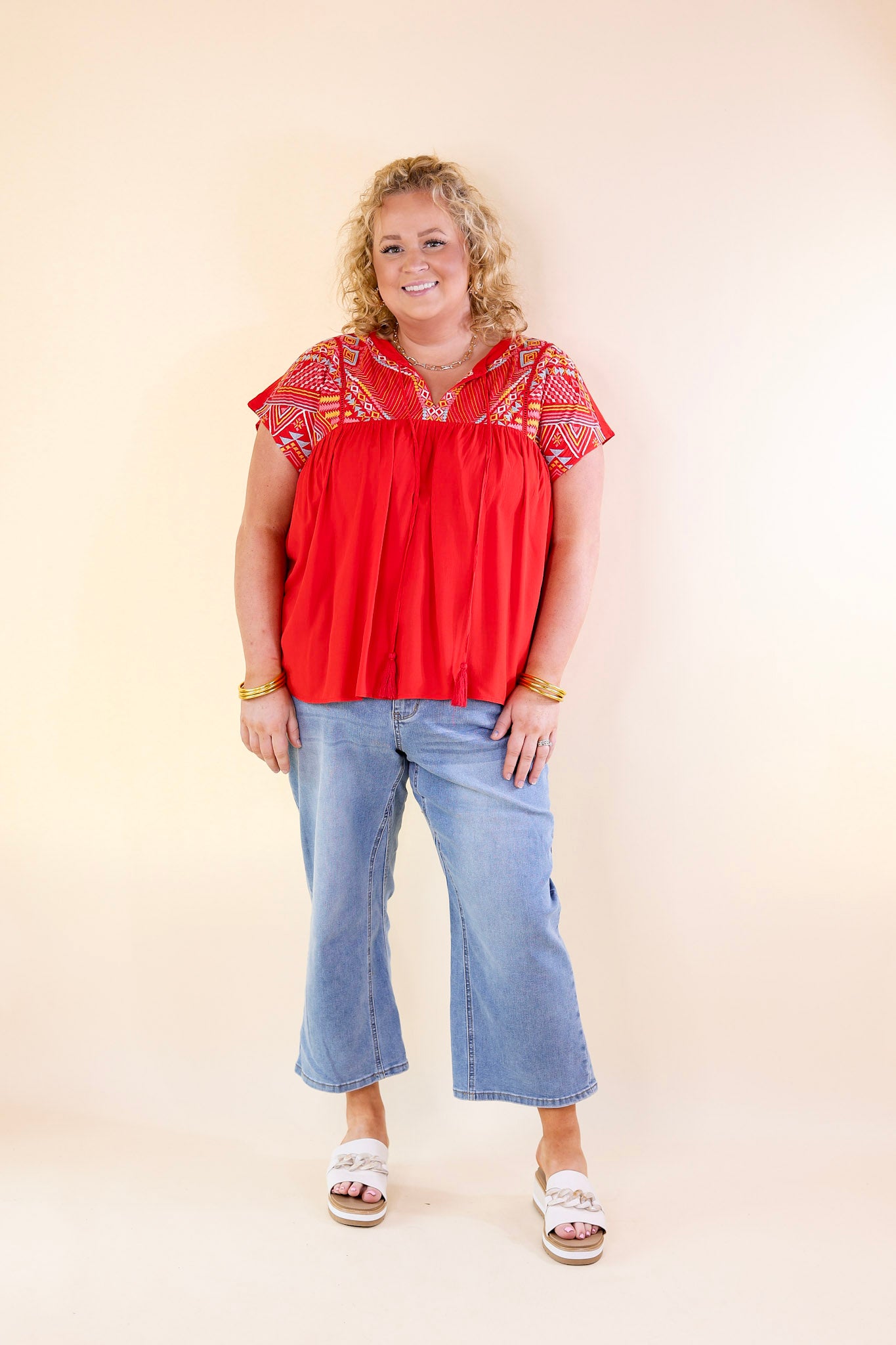 Forgotten Paradise Embroidered Top with Front Tie in Red - Giddy Up Glamour Boutique