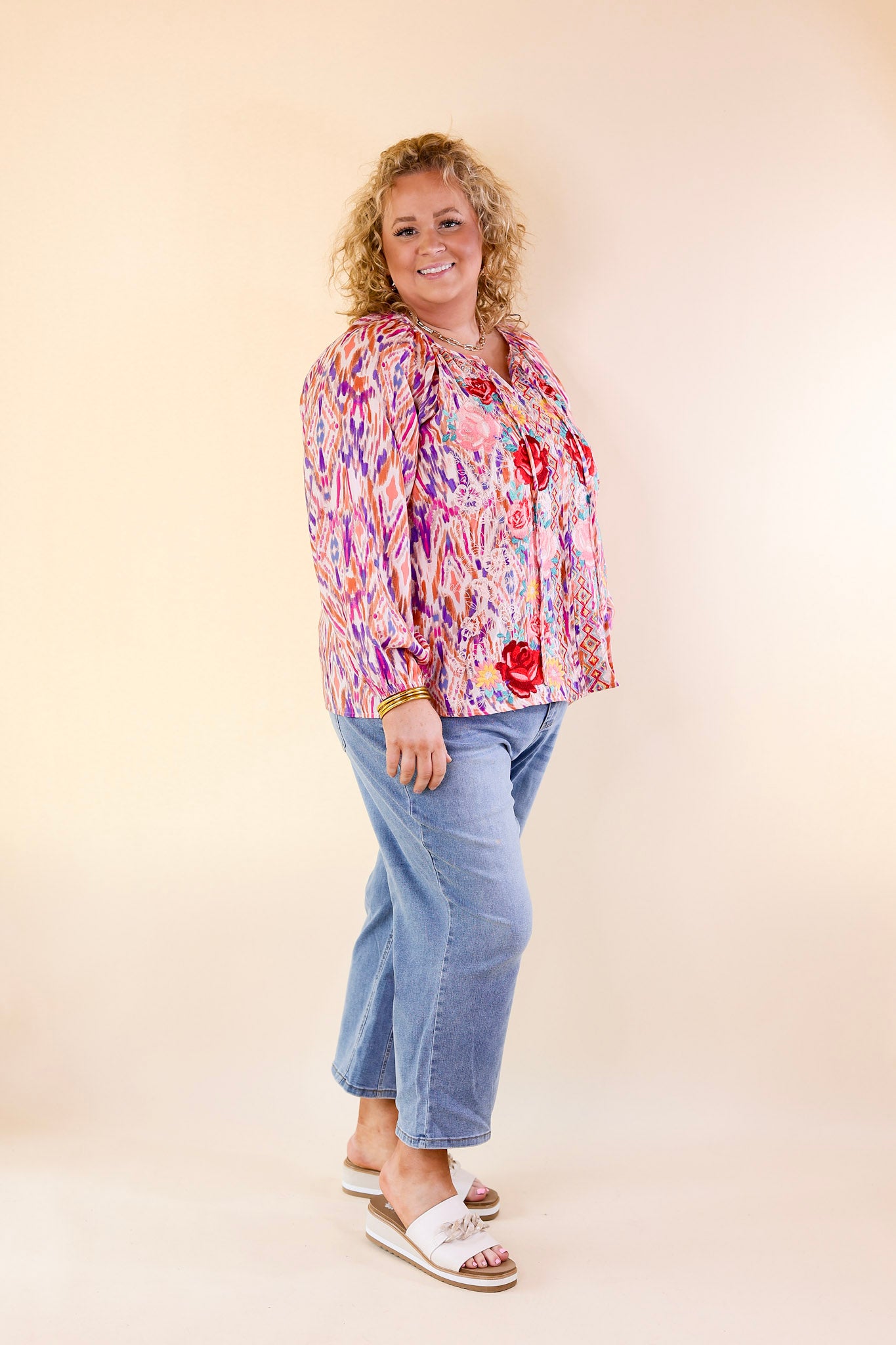 Chic Enchantment Long Sleeve Multi Color Top with Floral Embroidery - Giddy Up Glamour Boutique