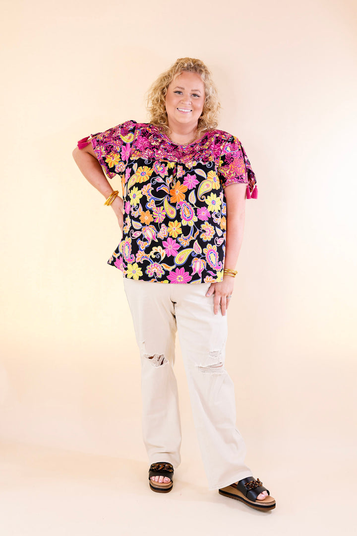 Sweet And Charming Paisley and Floral Print Top with Purple Floral Embroidery in Black - Giddy Up Glamour Boutique