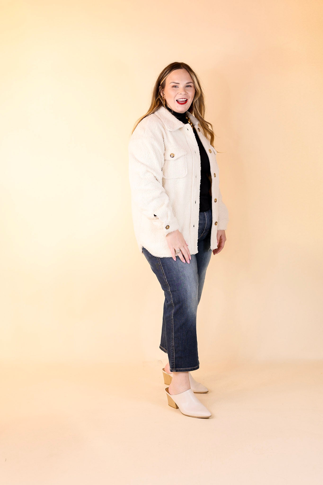 Snowy Afternoon Button Up Sherpa Shacket in Ivory