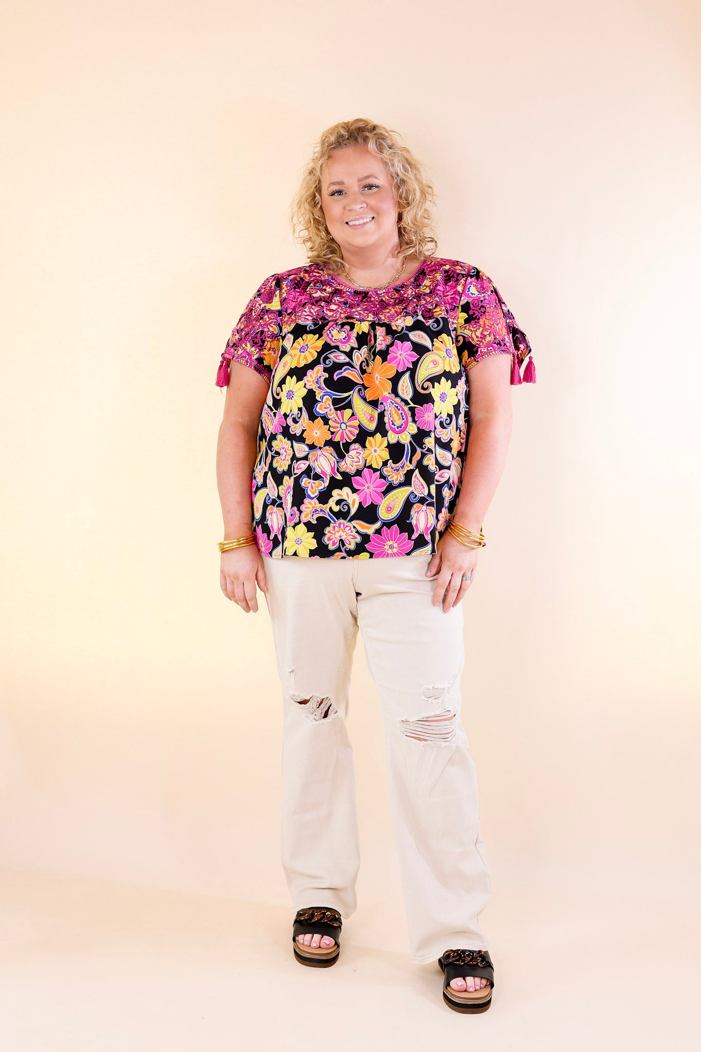 Sweet And Charming Paisley and Floral Print Top with Purple Floral Embroidery in Black - Giddy Up Glamour Boutique