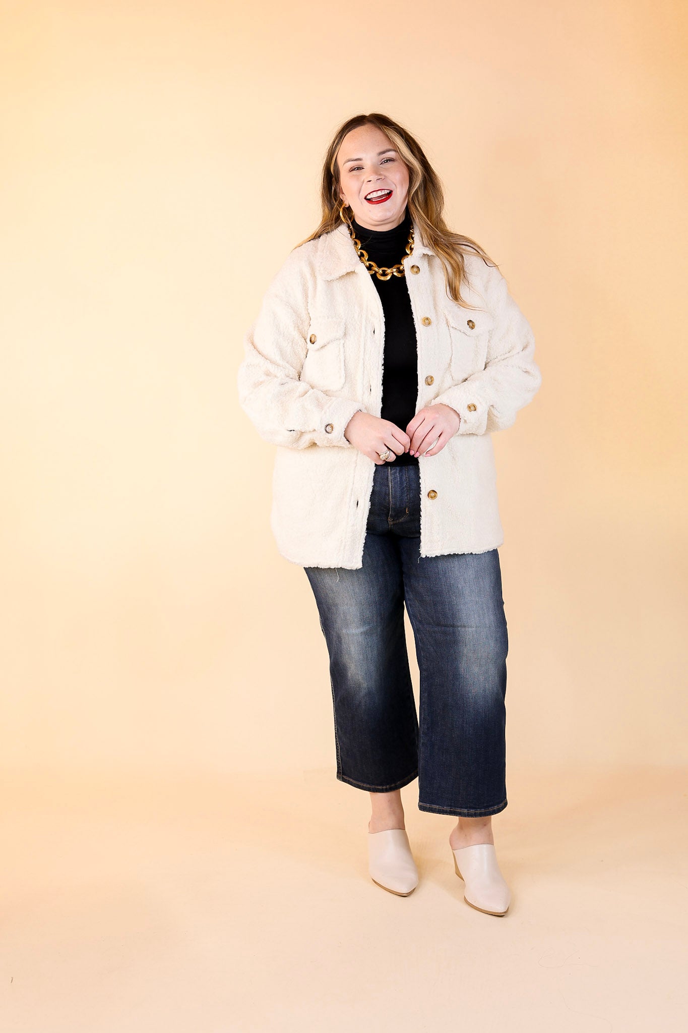 Snowy Afternoon Button Up Sherpa Shacket in Ivory