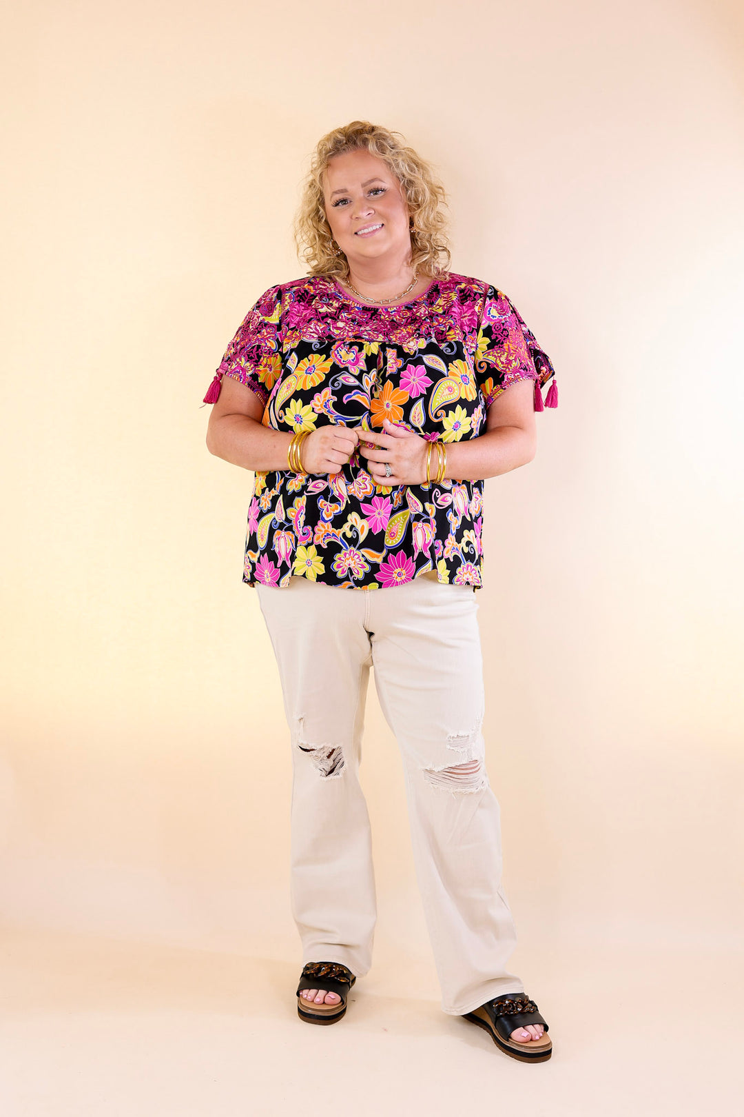 Sweet And Charming Paisley and Floral Print Top with Purple Floral Embroidery in Black - Giddy Up Glamour Boutique