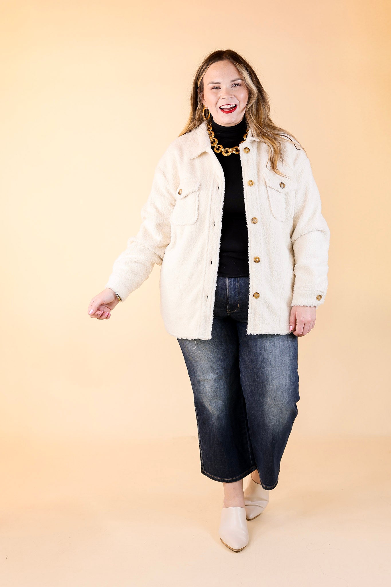 Snowy Afternoon Button Up Sherpa Shacket in Ivory