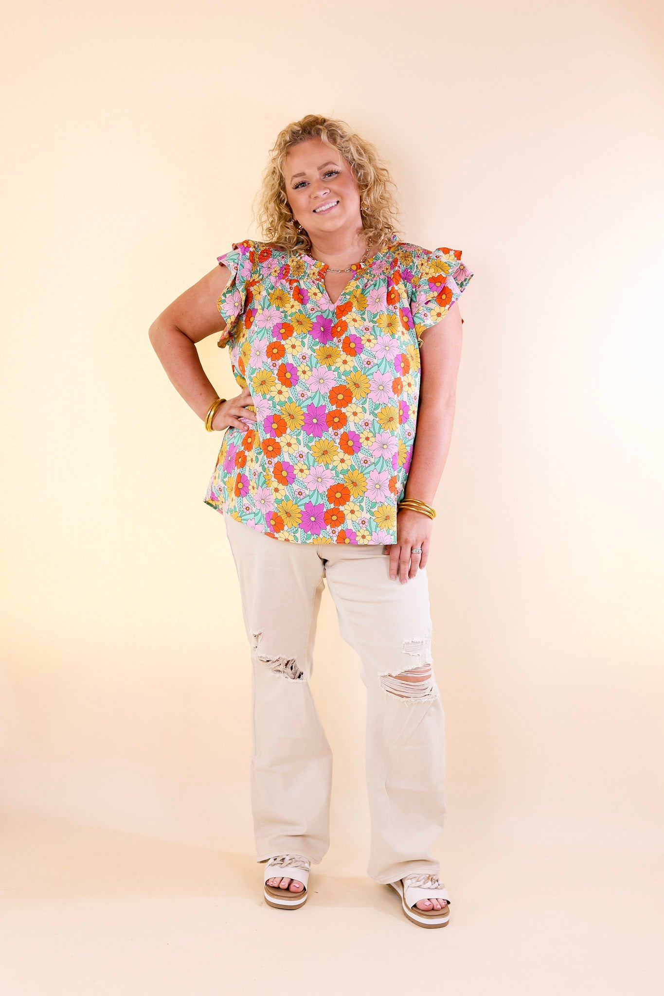 Pretty Days Floral Notched Neckline Top in Cream - Giddy Up Glamour Boutique