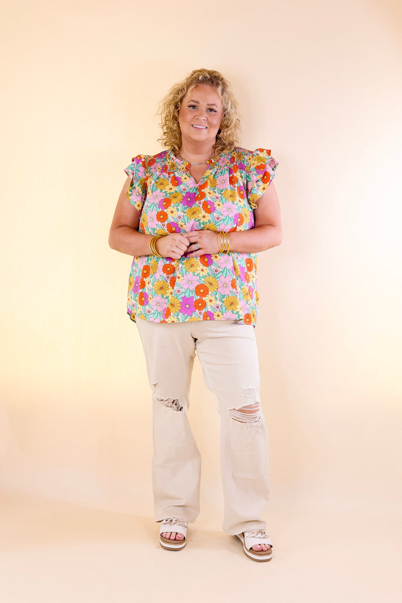 Pretty Days Floral Notched Neckline Top in Cream - Giddy Up Glamour Boutique