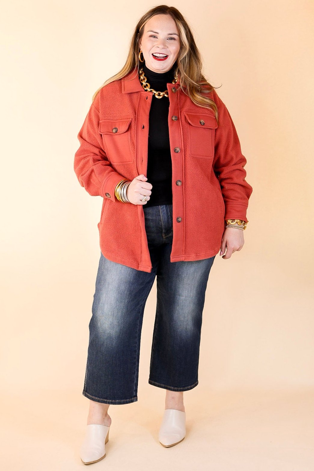 Last Chance Size Small, Medium, Large | Hollywood Hike Button Up Fleece Jacket with Pockets in Clay Red