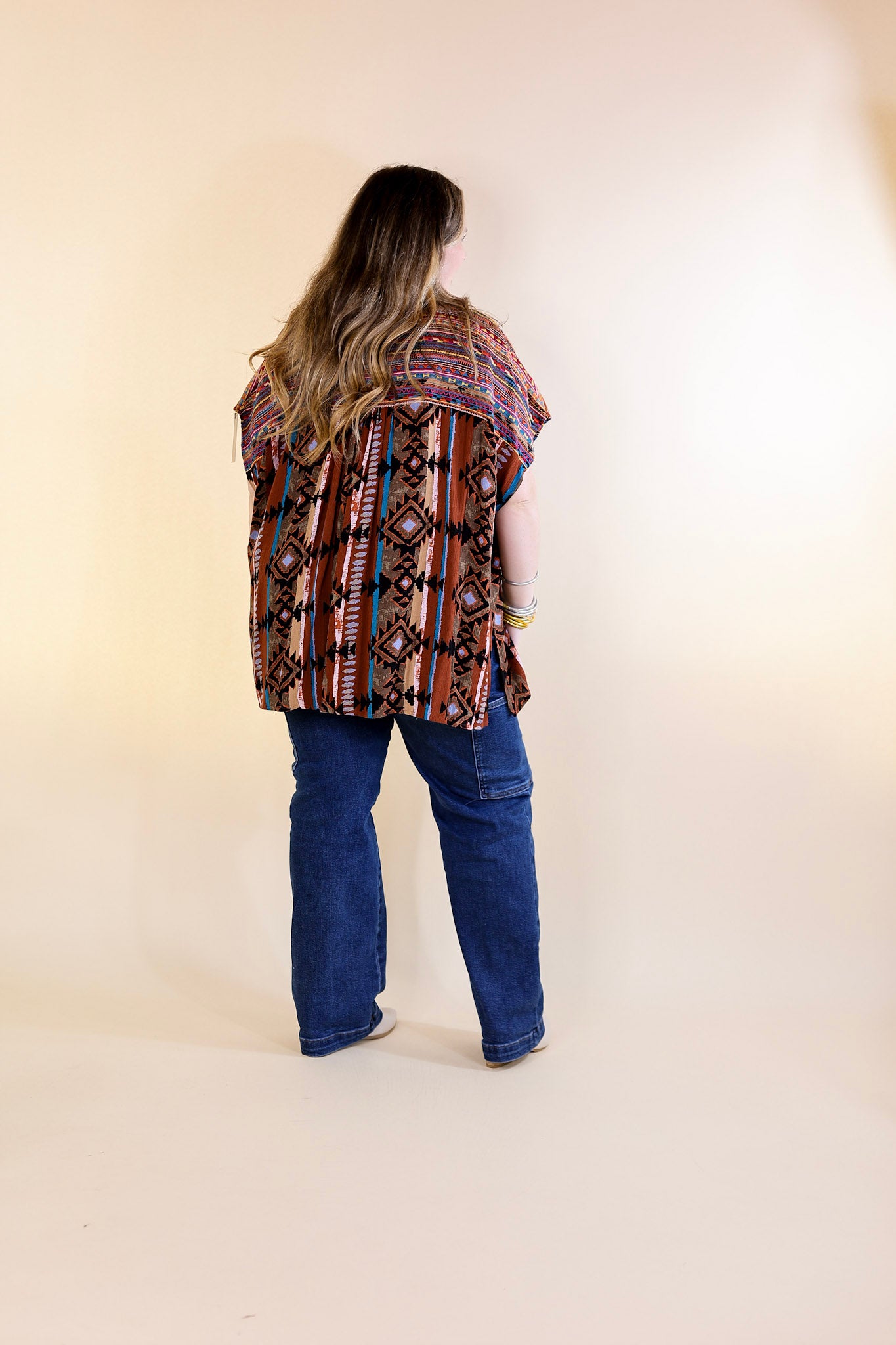 Colors Of The West Aztec Print Embroidered Cap Sleeve Top in Brown