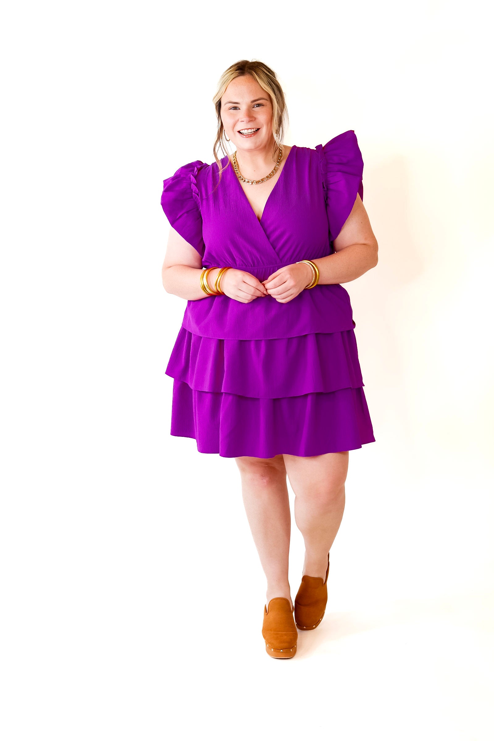 The Perfect Night Ruffle Cap Sleeve Dress in Violet Purple - Giddy Up Glamour Boutique