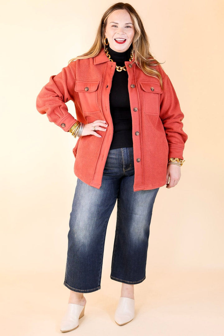 Last Chance Size Small, Medium, Large | Hollywood Hike Button Up Fleece Jacket with Pockets in Clay Red
