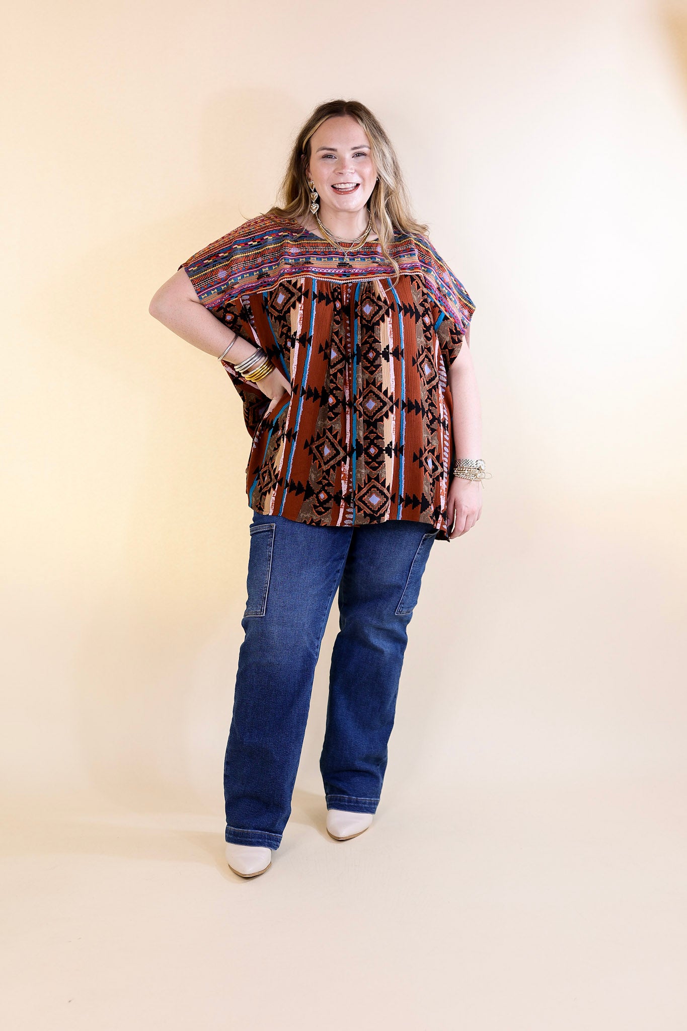 Colors Of The West Aztec Print Embroidered Cap Sleeve Top in Brown