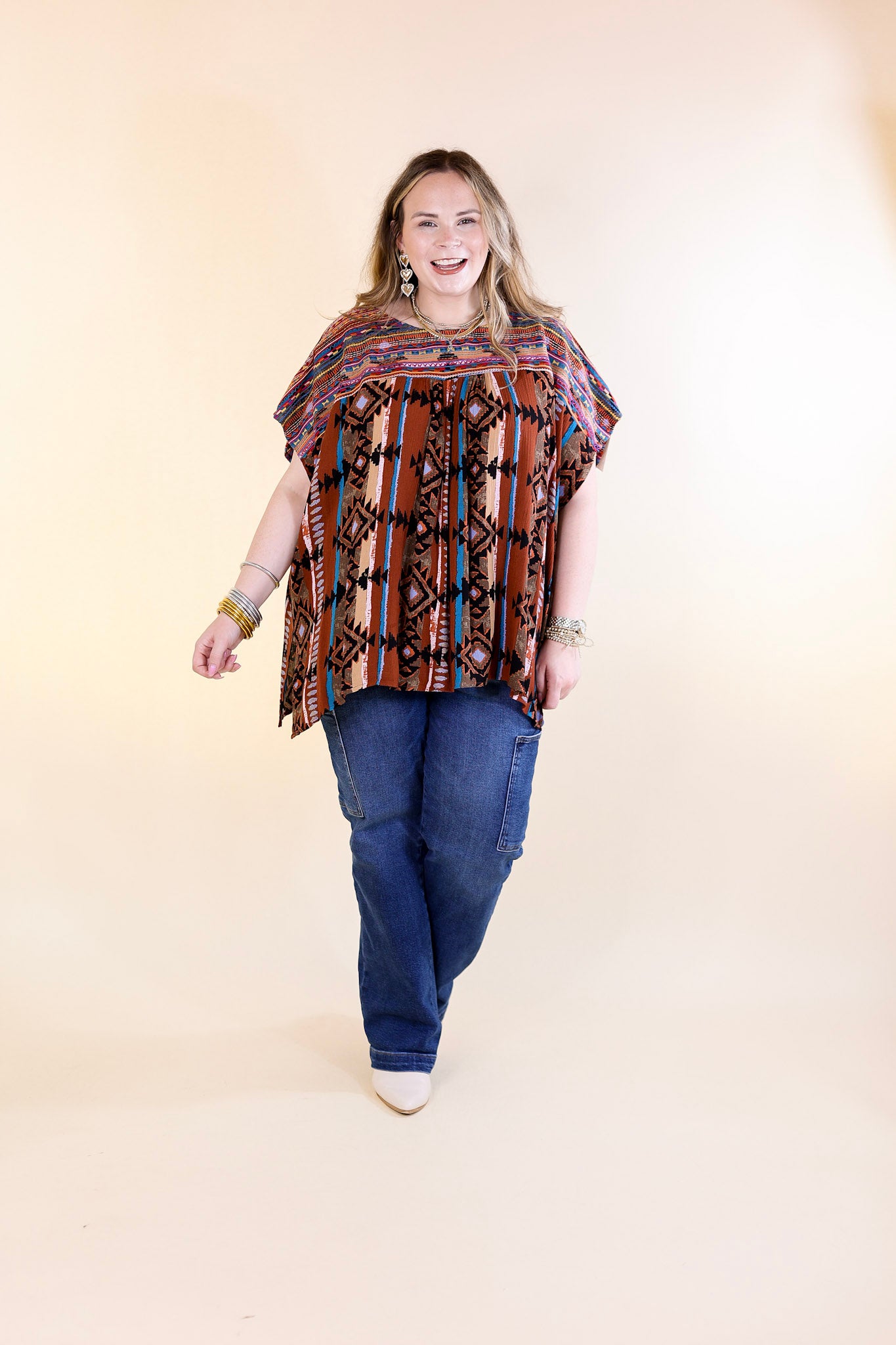 Colors Of The West Aztec Print Embroidered Cap Sleeve Top in Brown