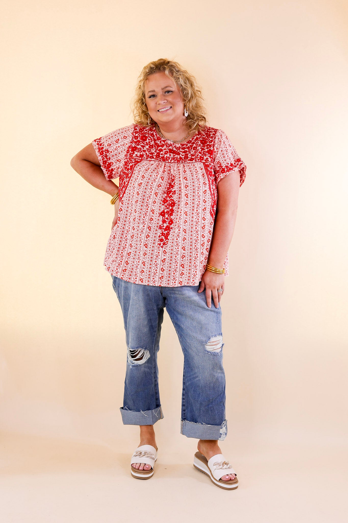Sunny Day Floral Print Top with Red Floral Embroidery in Off White - Giddy Up Glamour Boutique