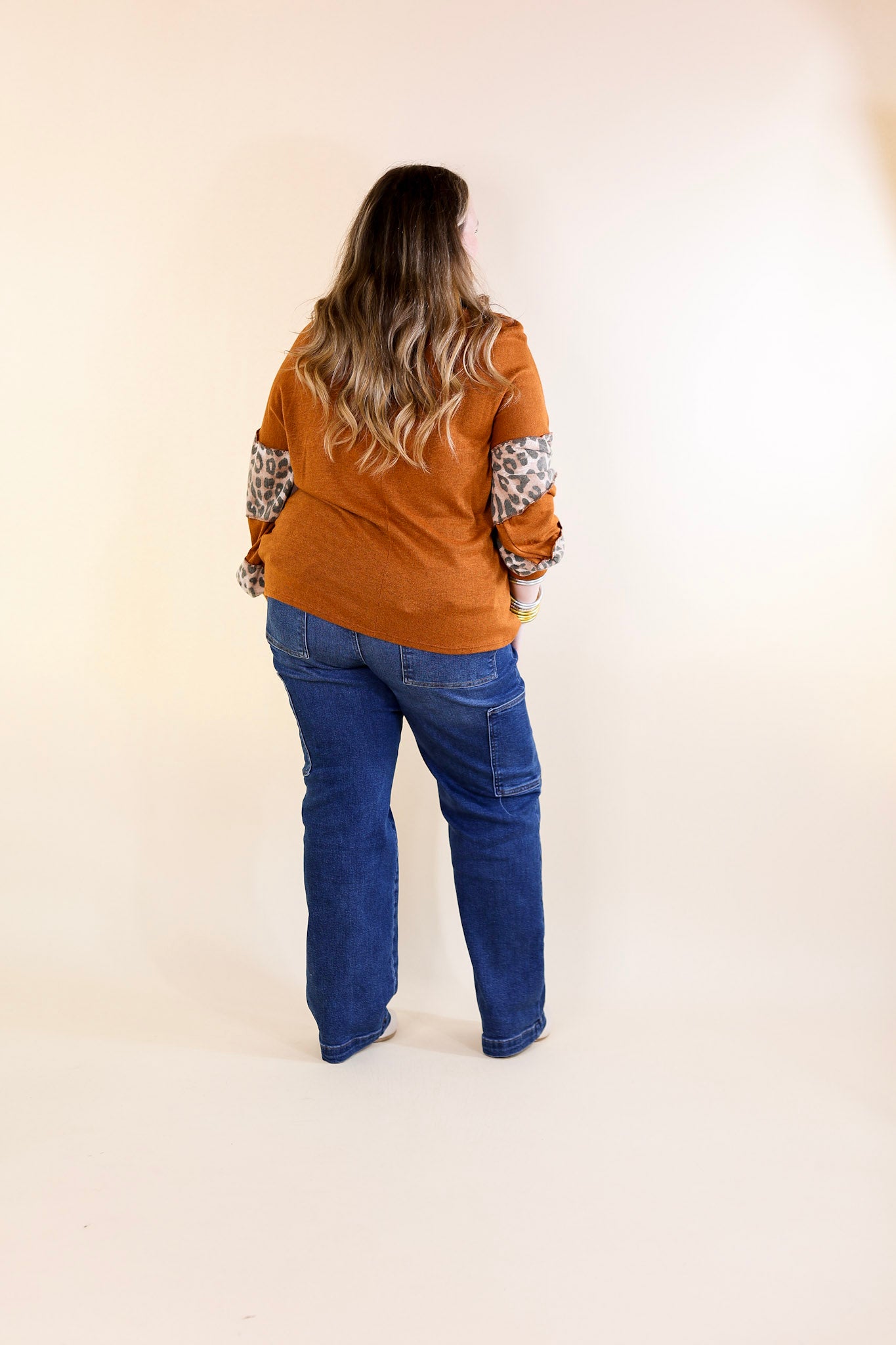 Double The Fun Long Sleeve Leopard Print Block Top in Burnt Orange