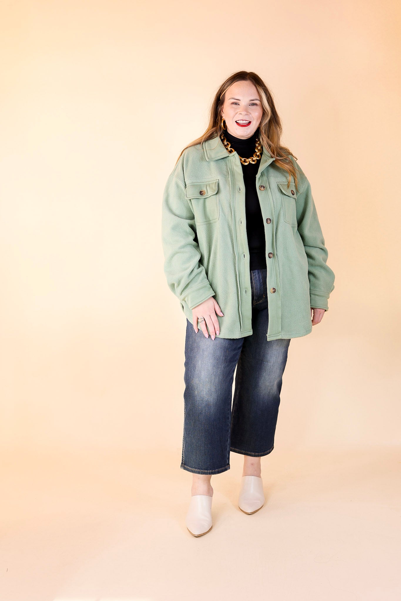 Hollywood Hike Button Up Fleece Jacket with Pockets in Mint