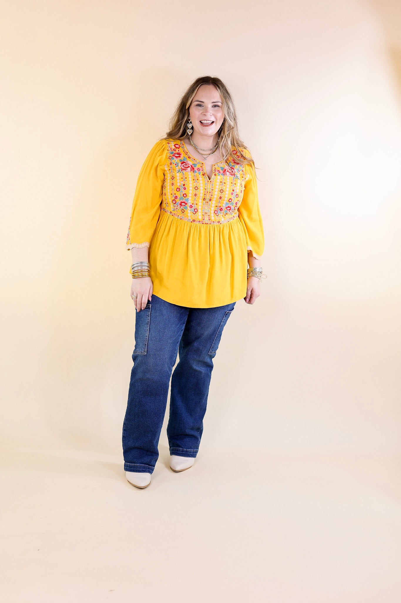 Already Mine 3/4 Bell Sleeve Embroidered Babydoll Top in Mustard Yellow