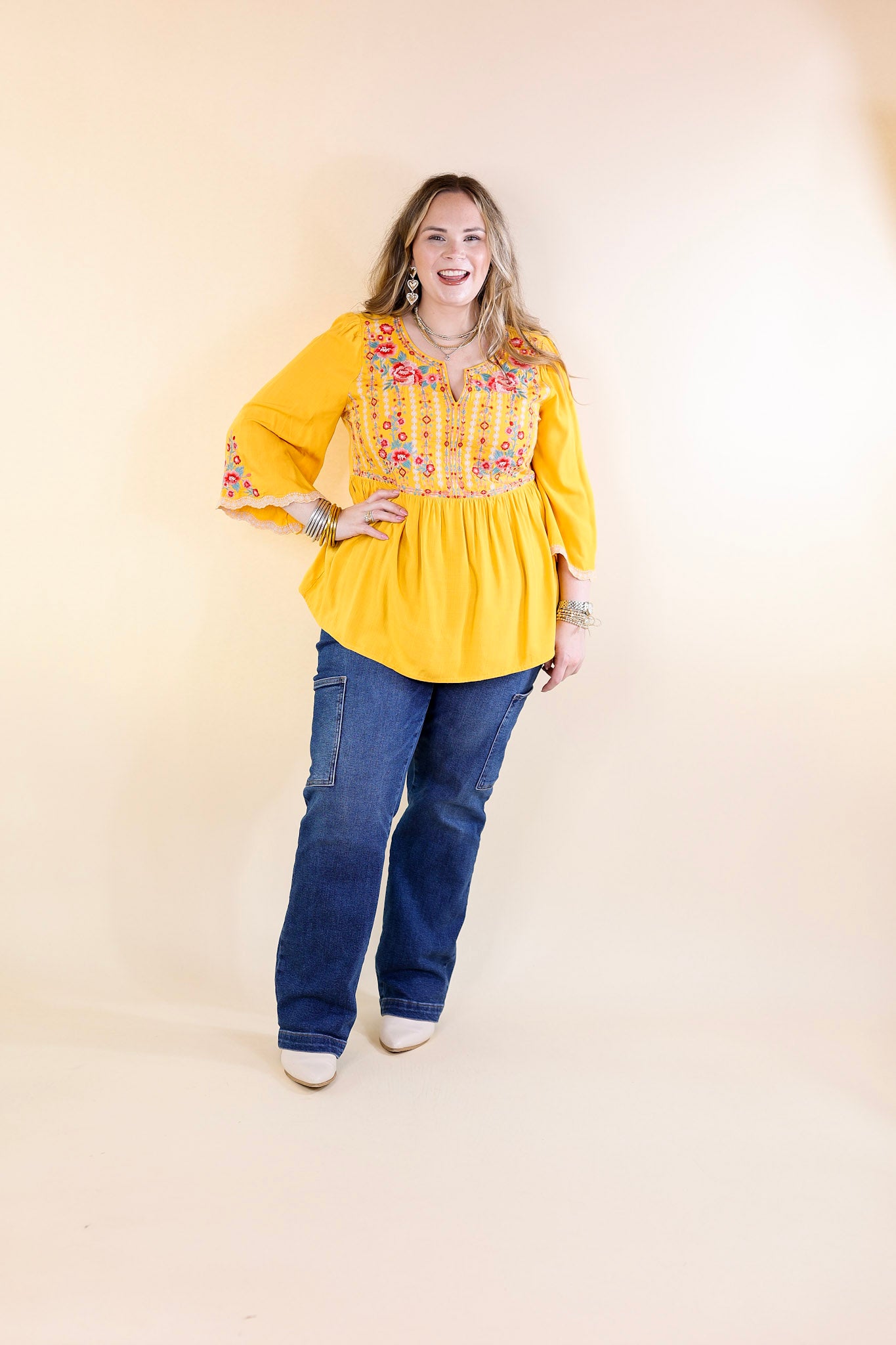 Already Mine 3/4 Bell Sleeve Embroidered Babydoll Top in Mustard Yellow