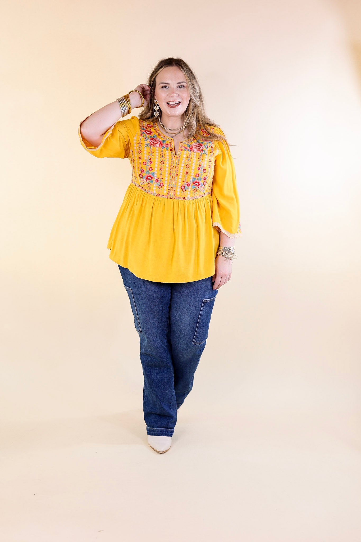 Already Mine 3/4 Bell Sleeve Embroidered Babydoll Top in Mustard Yellow