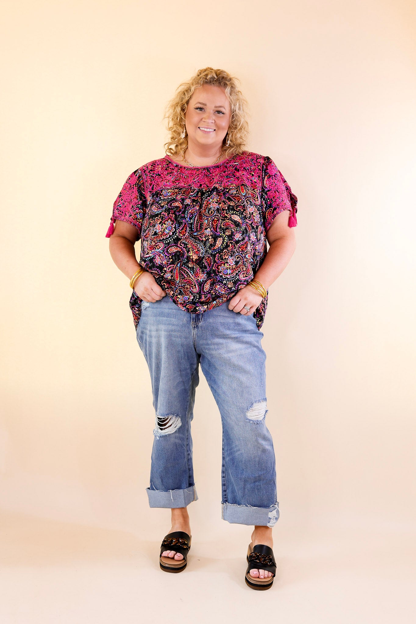Sweet And Charming Paisley Print Top with Purple Floral Embroidery in Black - Giddy Up Glamour Boutique