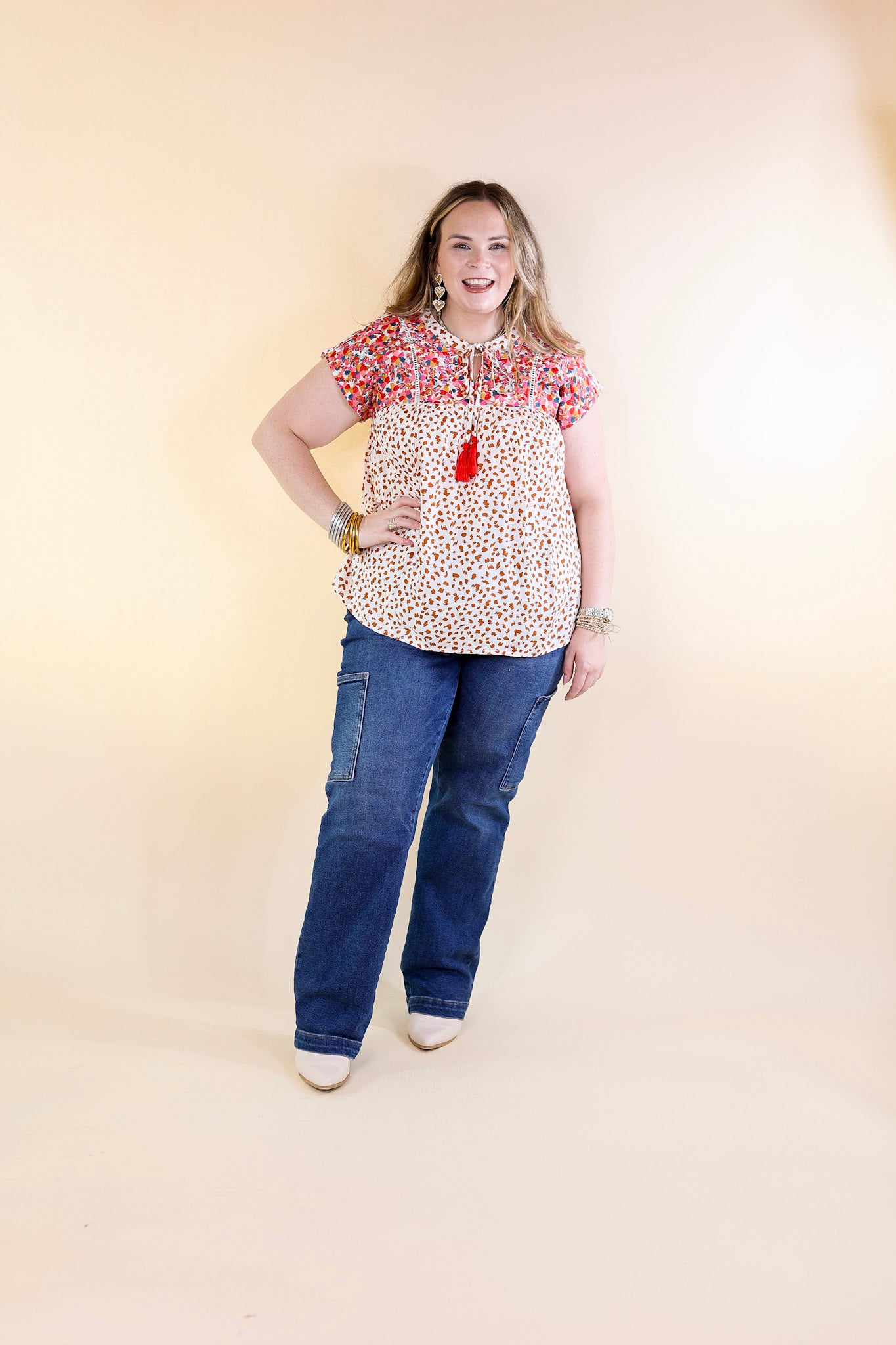 Fredericksburg In the Fall Embroidered Dotted Print Top with Front Keyhole in Ivory