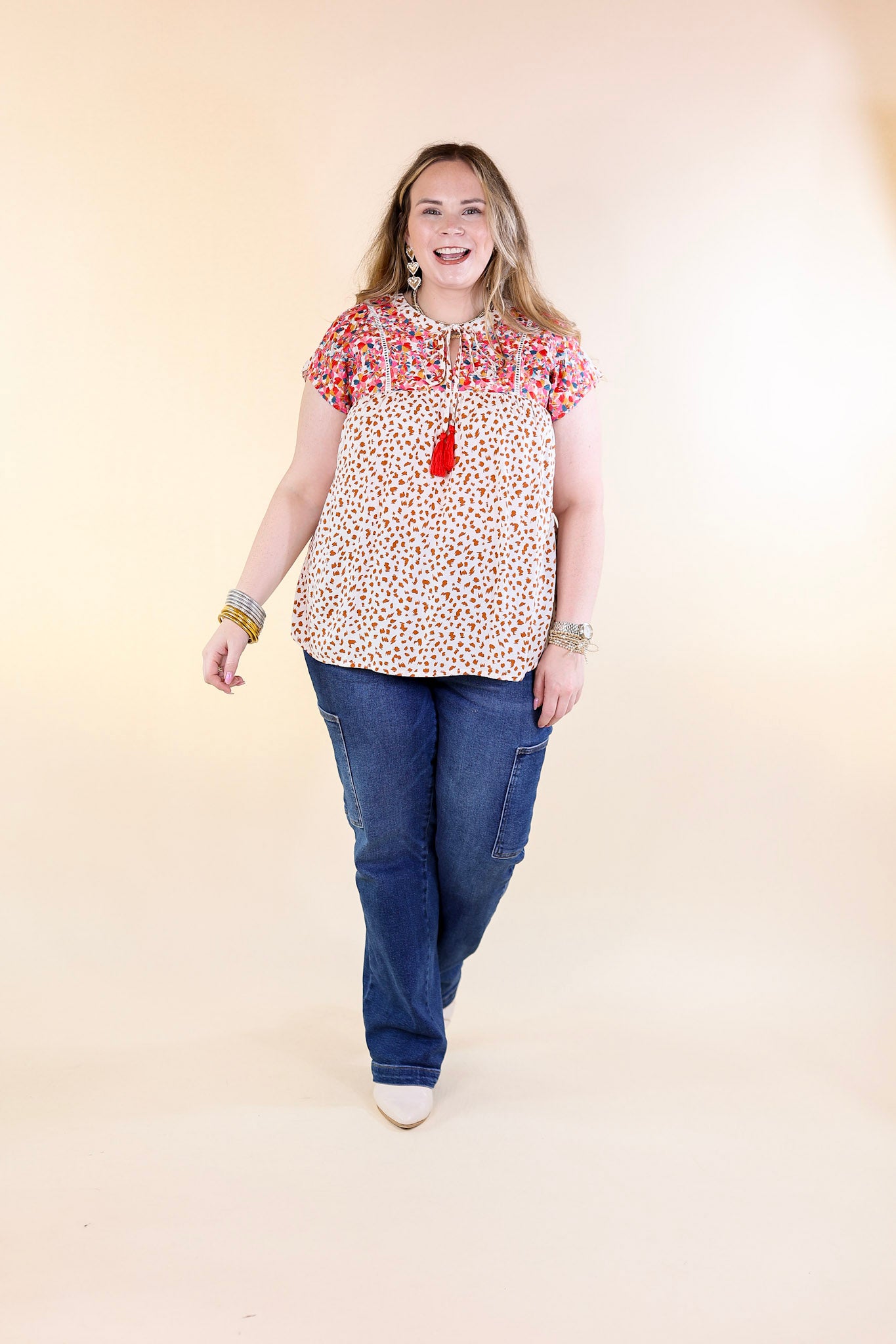 Fredericksburg In the Fall Embroidered Dotted Print Top with Front Keyhole in Ivory