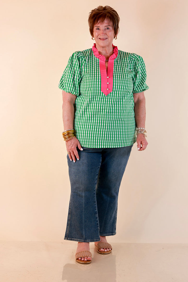 Polished &amp; Playful Short Puff Sleeve Gingham Top with Contrast Hot Pink Trim in Green and White