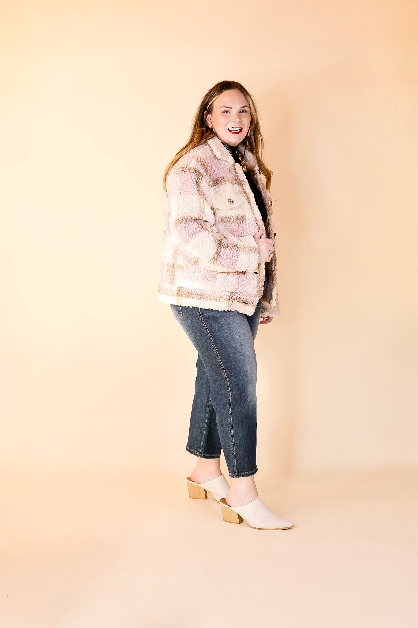 Better in Brooklyn Plaid Button Up Sherpa Jacket in Pink and Ivory