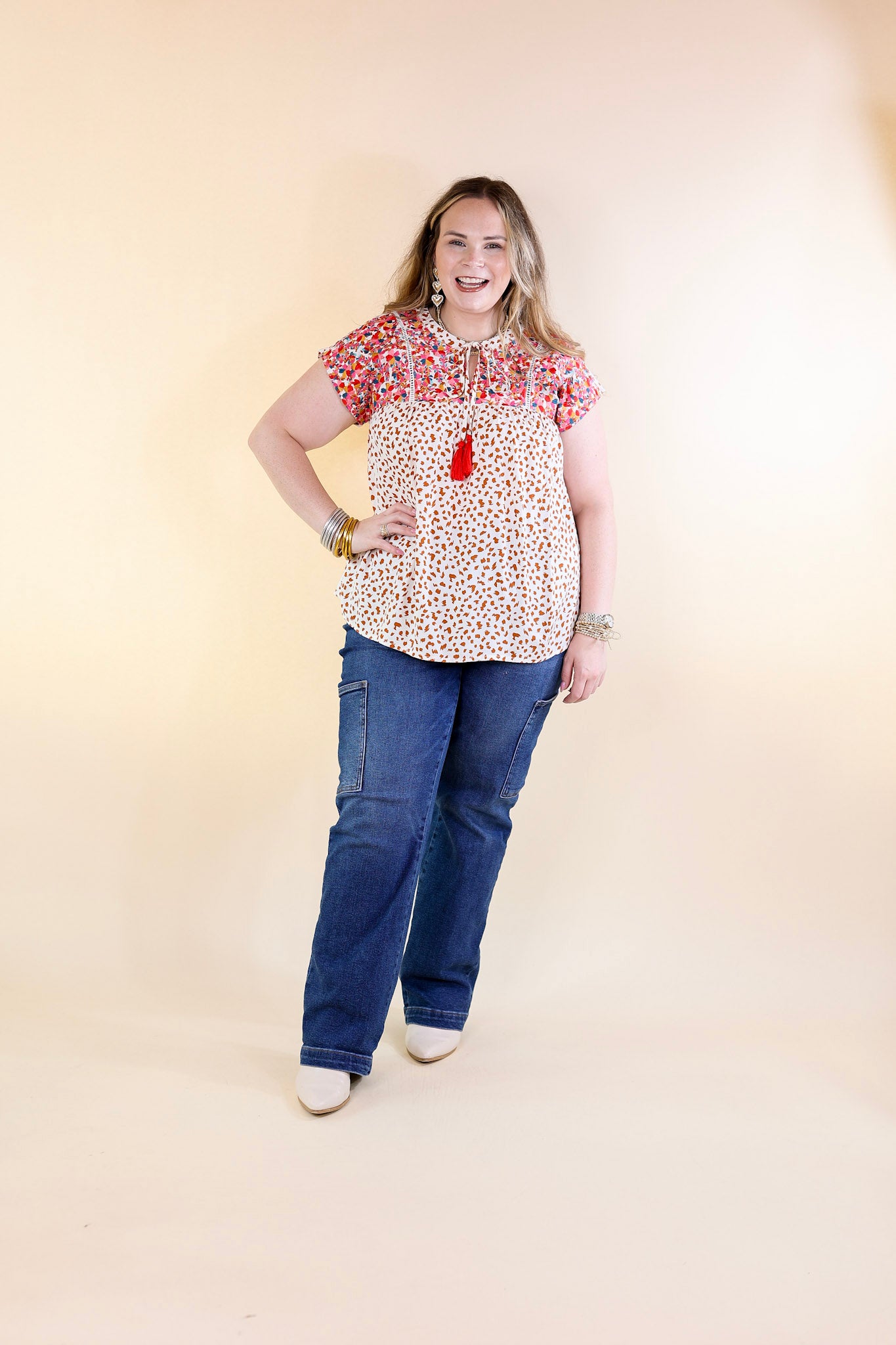 Fredericksburg In the Fall Embroidered Dotted Print Top with Front Keyhole in Ivory