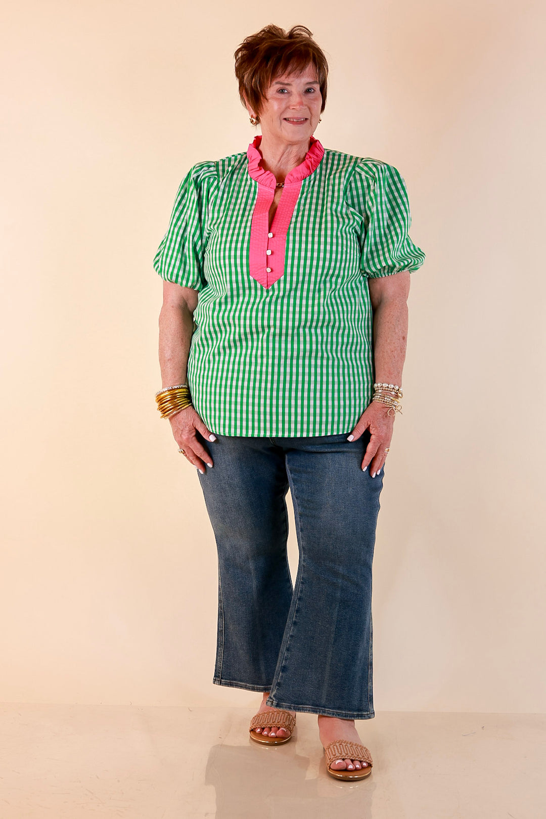 Polished &amp; Playful Short Puff Sleeve Gingham Top with Contrast Hot Pink Trim in Green and White