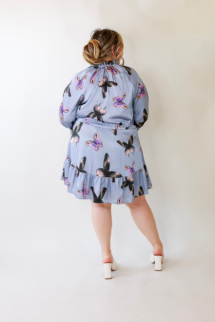 Butterfly Fly Away Half Button Dress with Butterfly Print in Dusty Blue - Giddy Up Glamour Boutique