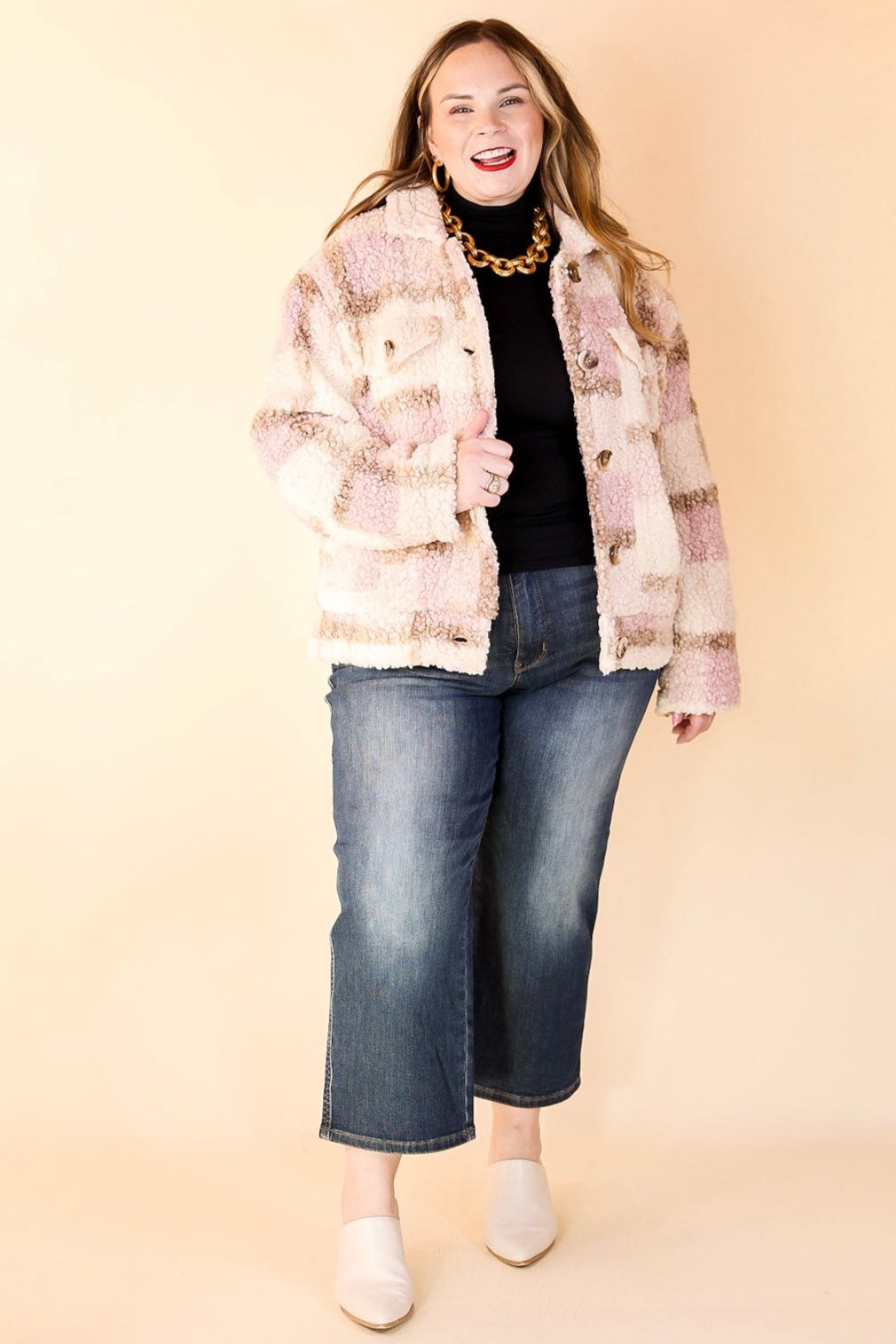 Better in Brooklyn Plaid Button Up Sherpa Jacket in Pink and Ivory