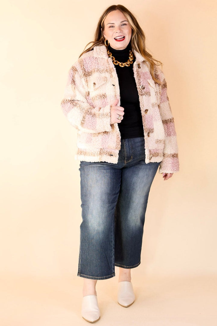 Better in Brooklyn Plaid Button Up Sherpa Jacket in Pink and Ivory